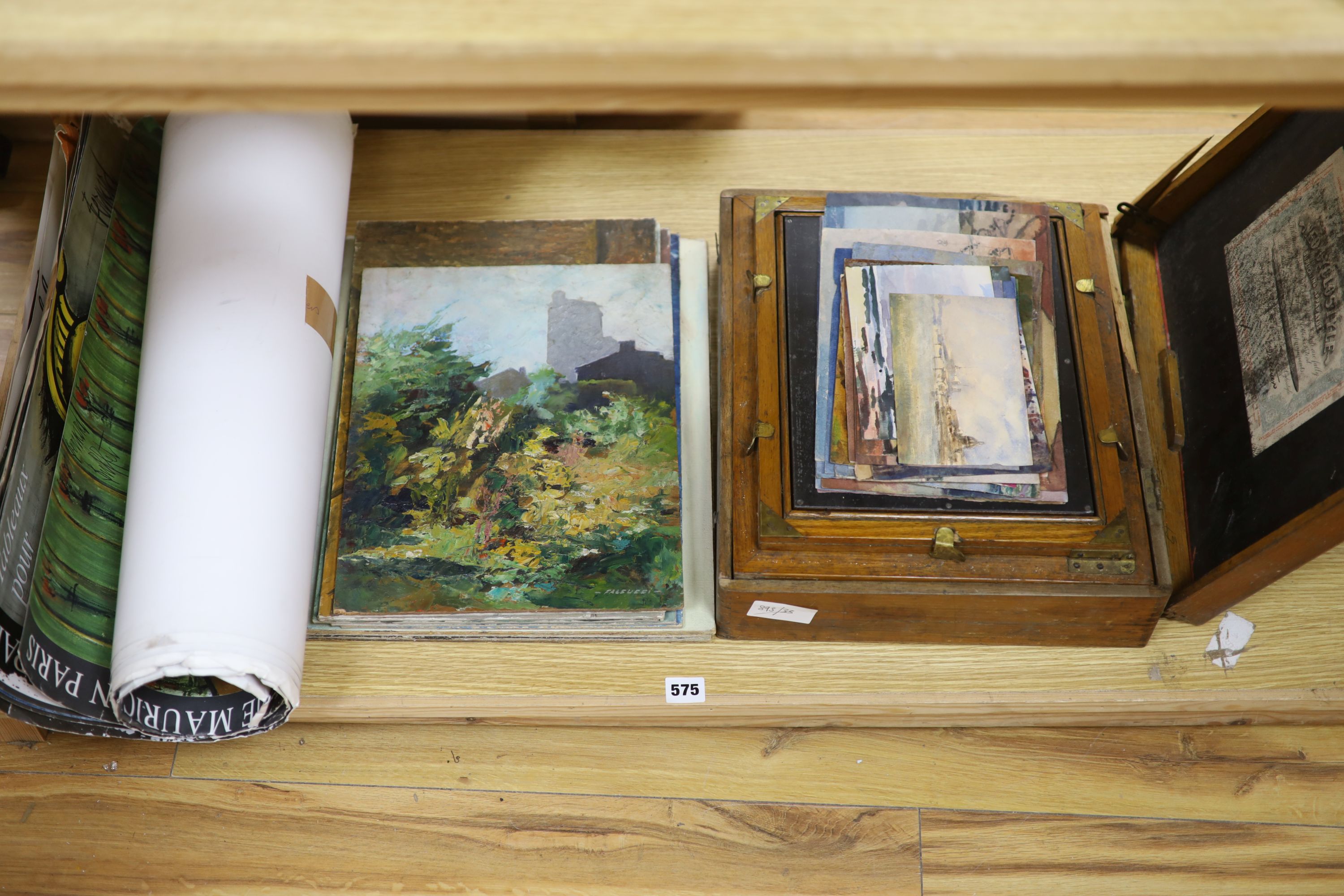 A 20th century oak cased artists’ box (A/F) together with eleven various oil studies on board, many signed and a collection of unframed French impressionist style studies (quantity)
